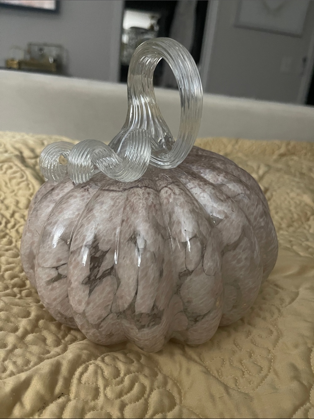 Handblown Glass Pumpkin Sculpture - Clear Stem, Blush Marble Body- battery not I